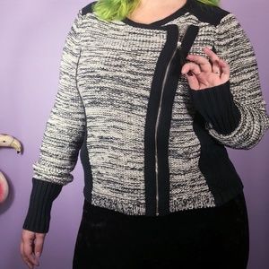 Zip Front Black/White Tweedy Knit Rib Trim Sweater